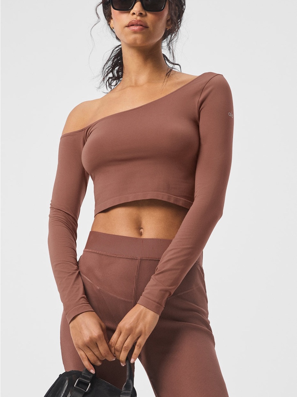 ALO Yoga Brown One-Shoulder Long Sleeve Crop Top
